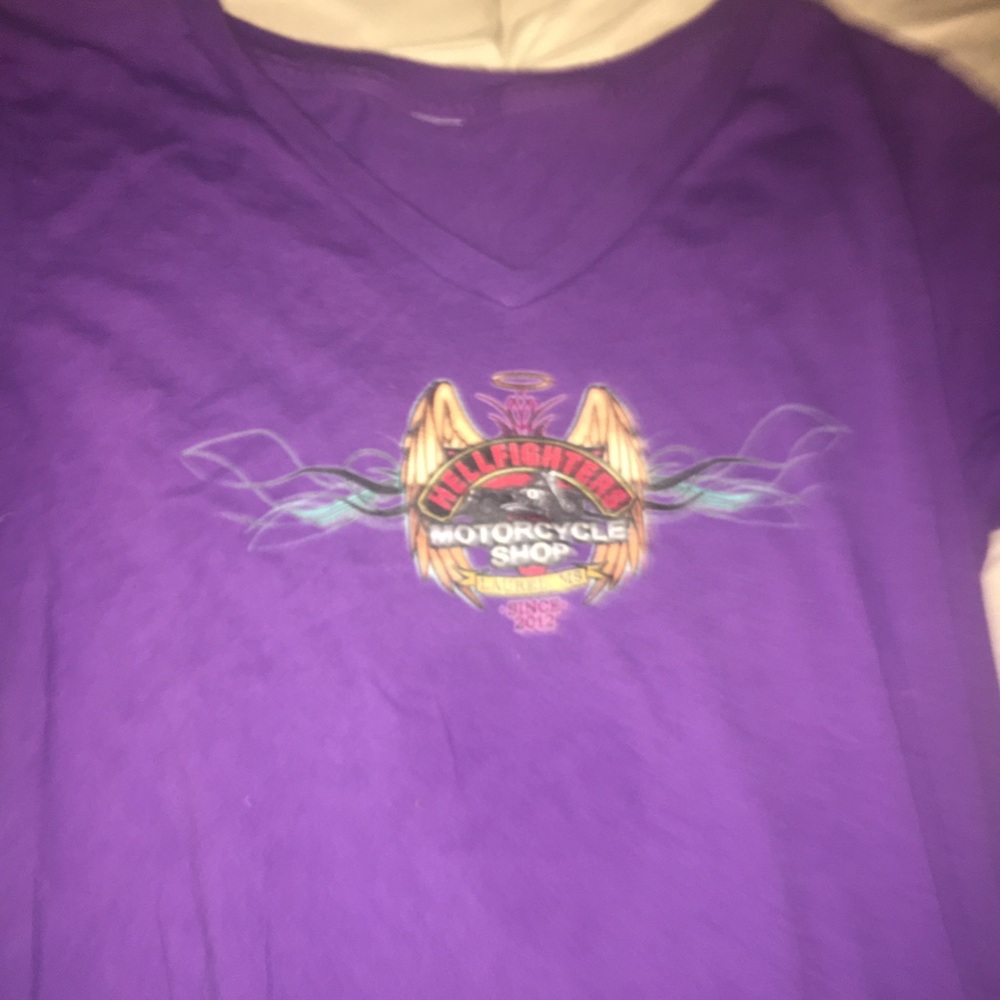 Purple V-Neck Motorcycle Shop Graphic Tee